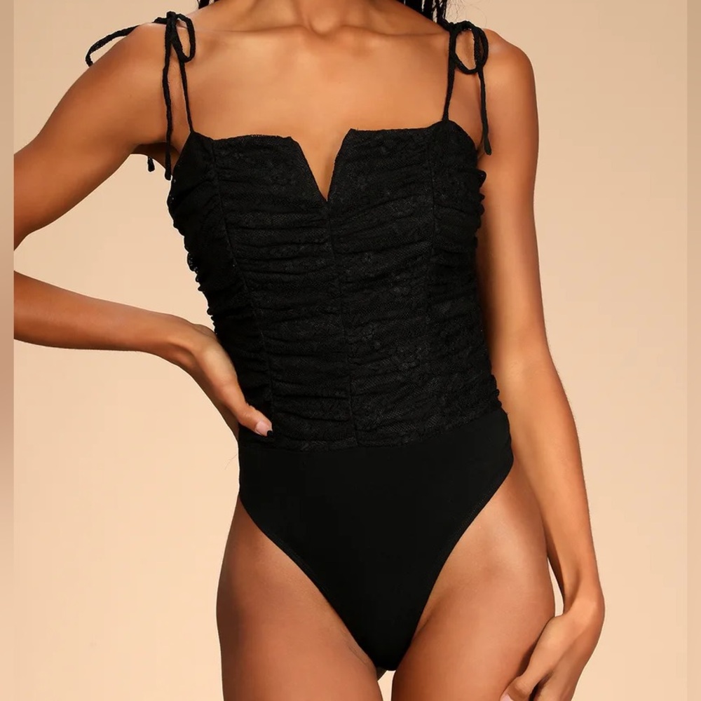 Romantic Rendezvous Black Lace Ruched Tie-Strap Bodysuit